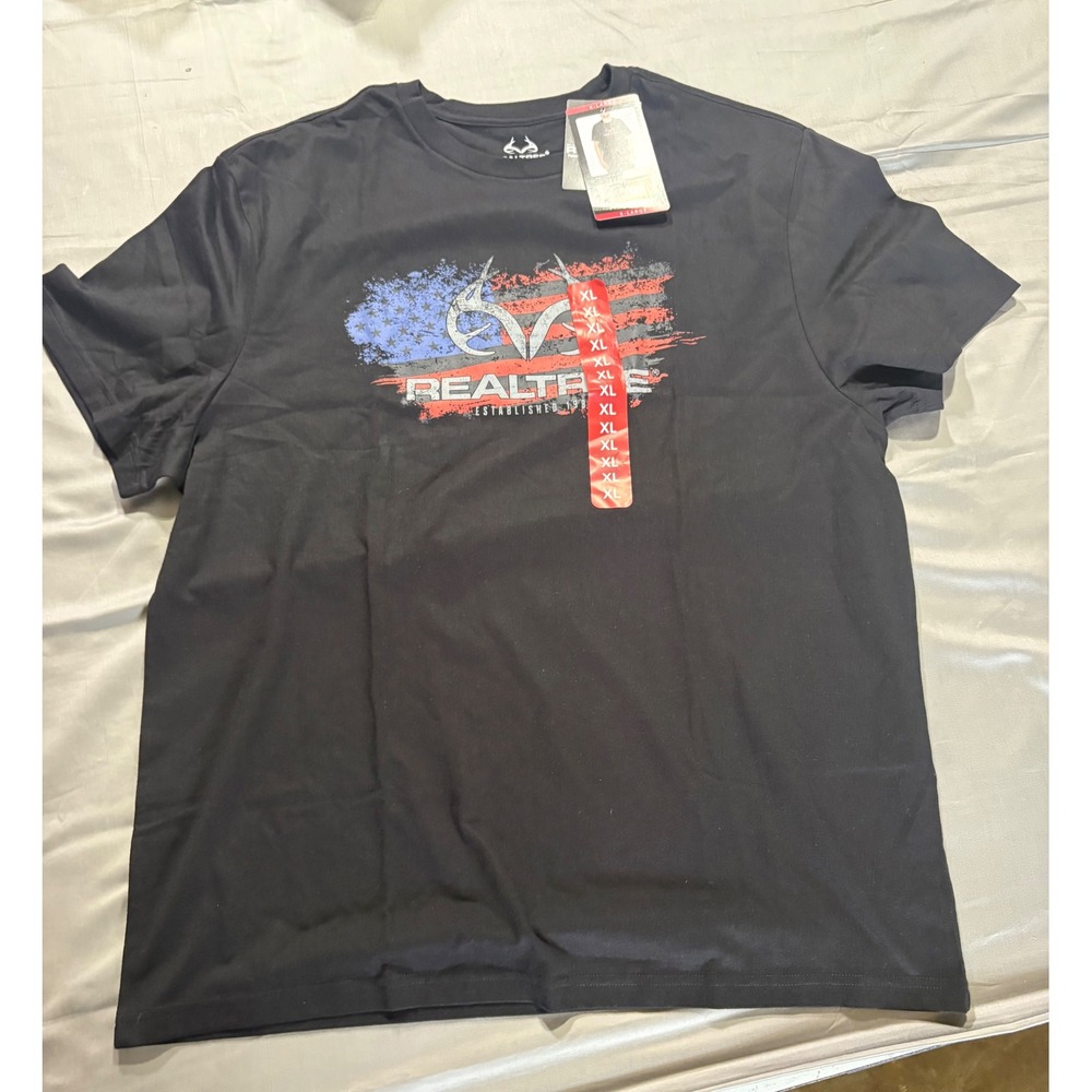 Realtree Mens American Flag Antler Logo Graphic T-Shirt Black XL NWT